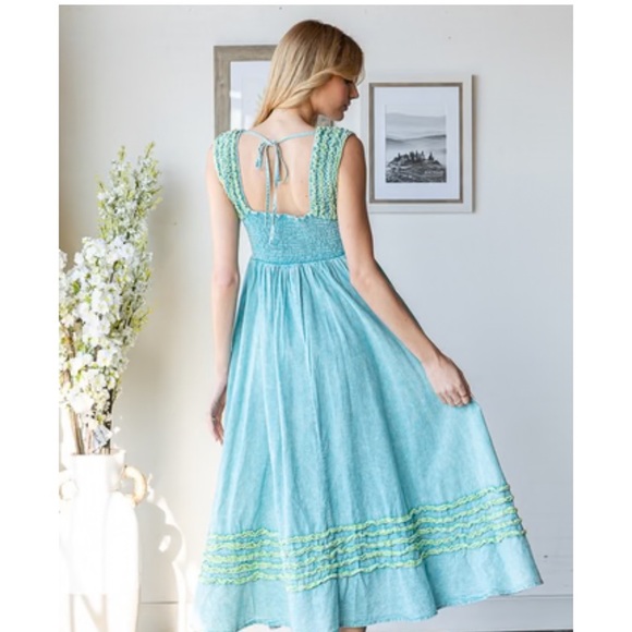 Oli and Hali Frilled Details Aqua Midi Dress Sleeveless Smocked Back Tie Pocket - Picture 4 of 14